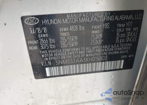 2019 Hyundai Santa Fe Ultimate 2.0T из США, поврежденный, VIN 5NMS53AA3KH015002